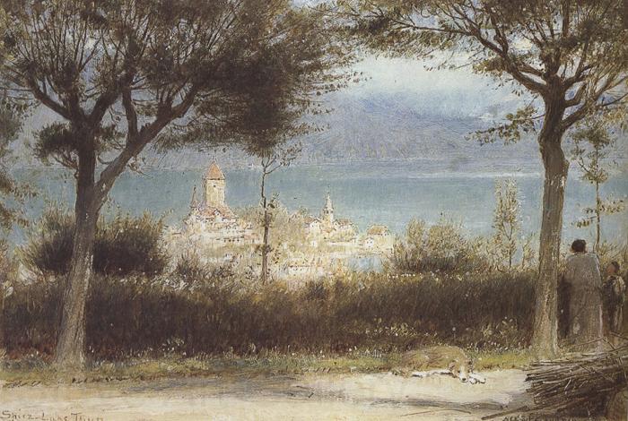 Albert goodwin,r.w.s The Town of Spiez on Lake Thun,Switzerland (mk37) Spain oil painting art